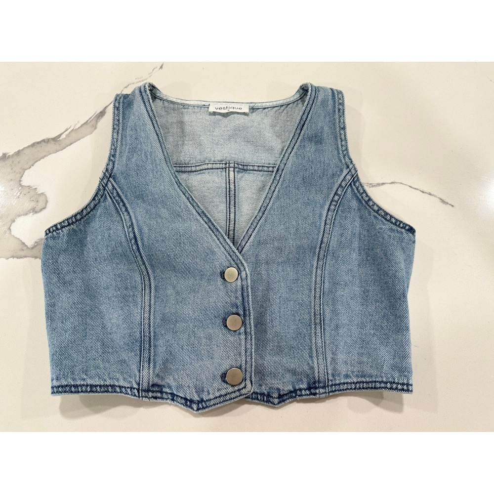 Vestique Womens Light Wash Denim Cropped Vest V-Neck Button Front Blue Small